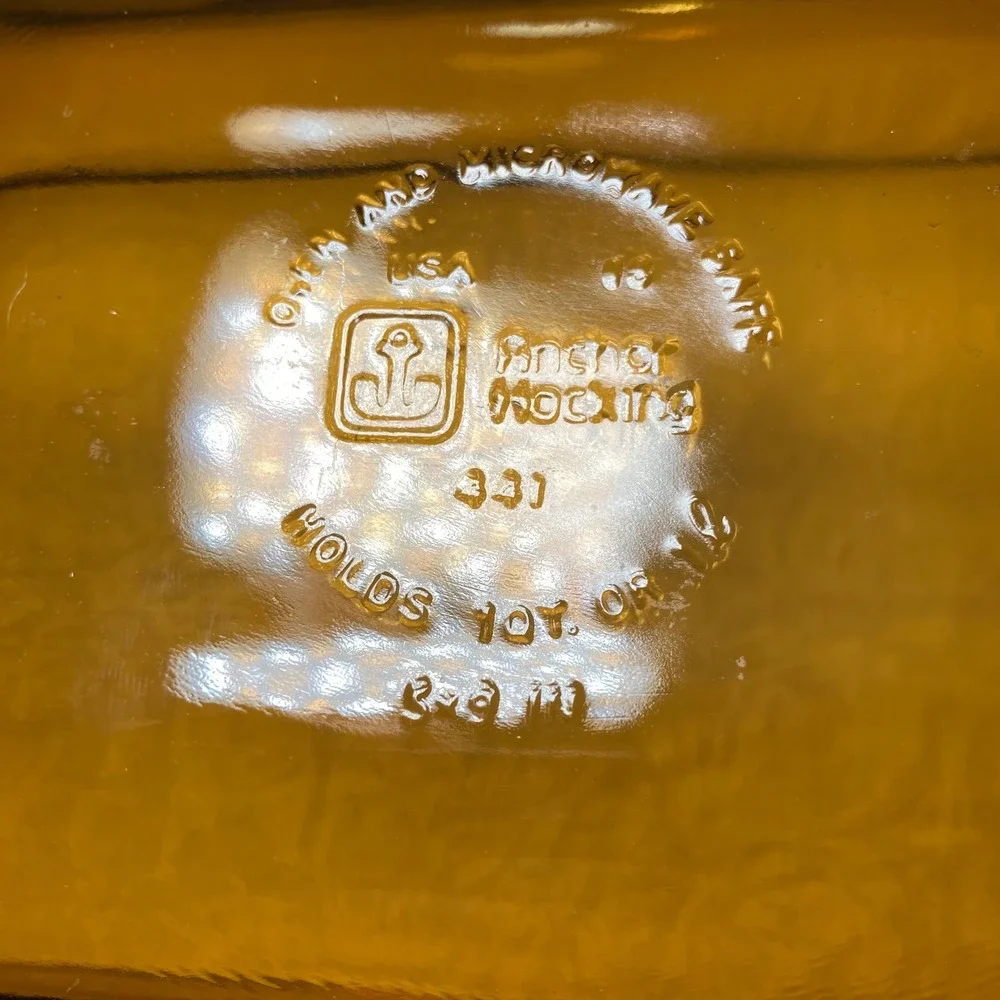 Anchor Hocking 441 Amber Glass Loaf Pan w Woven Basket Cradle 11